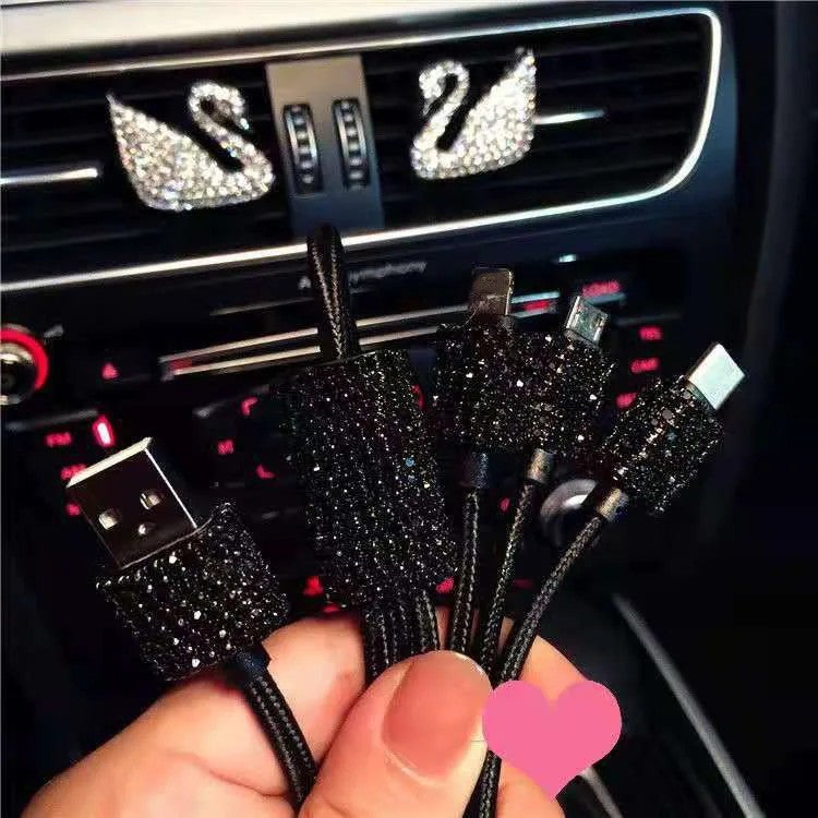 Bluejw Crystal Diamond Rhinestone Car Charger: 2 USB Fast Charge, 3-in-1 Alloy Data Cable for Auto/Home/Phone - Cigarette Lighter Adapter - Image 1
